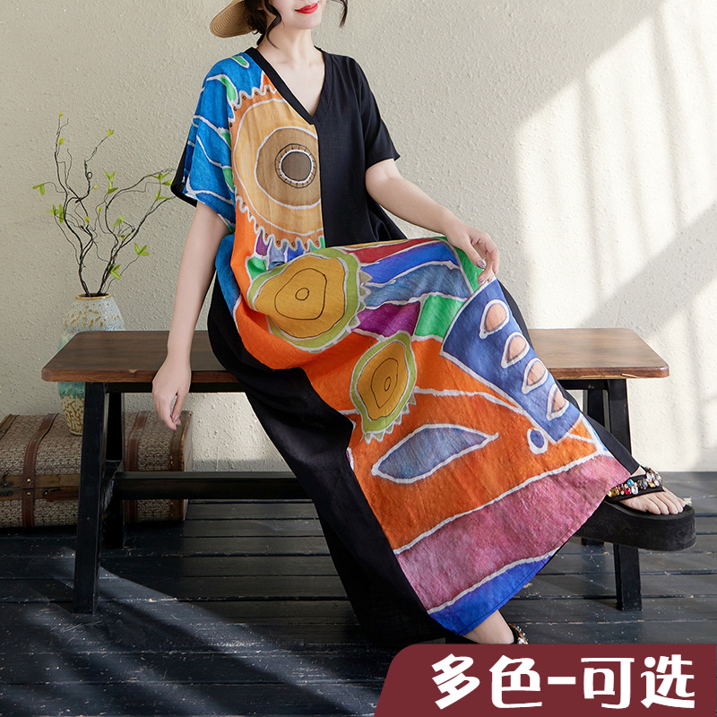 女装夏装胖MM棉麻复古V领遮肉显瘦短袖拼色超长款连衣裙撞色薄款