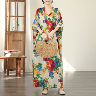 蝙蝠袖大花朵色度假风旅游V领复古长裙子遮肉棉麻连衣裙薄款亲肤