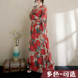 大码春夏新款棉麻印花长袖连衣裙复古宽松显瘦袍子度假长裙大圆点