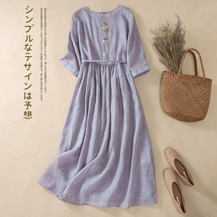 连衣裙夏季 外贸法国撤柜新款 苎麻刺绣紫色轻薄大摆宽松大码 袍子