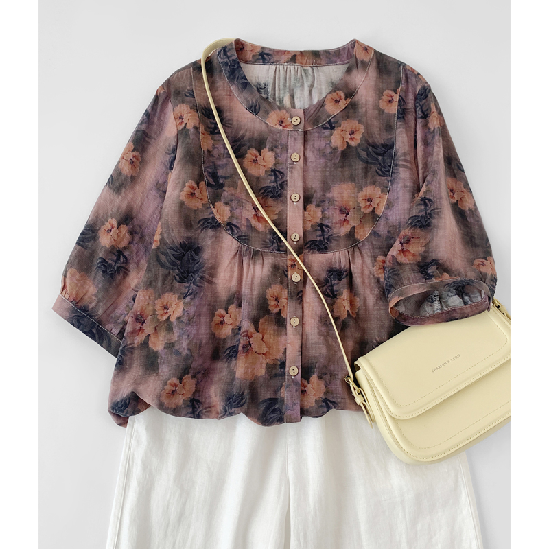 新款立领衬衫宽松显瘦七分袖设计感棉麻小衫开衫款时尚洋气女