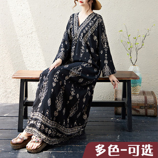绵绸大码原创法式高级感长袖防晒V领垂感定位花宽松显瘦连衣裙女