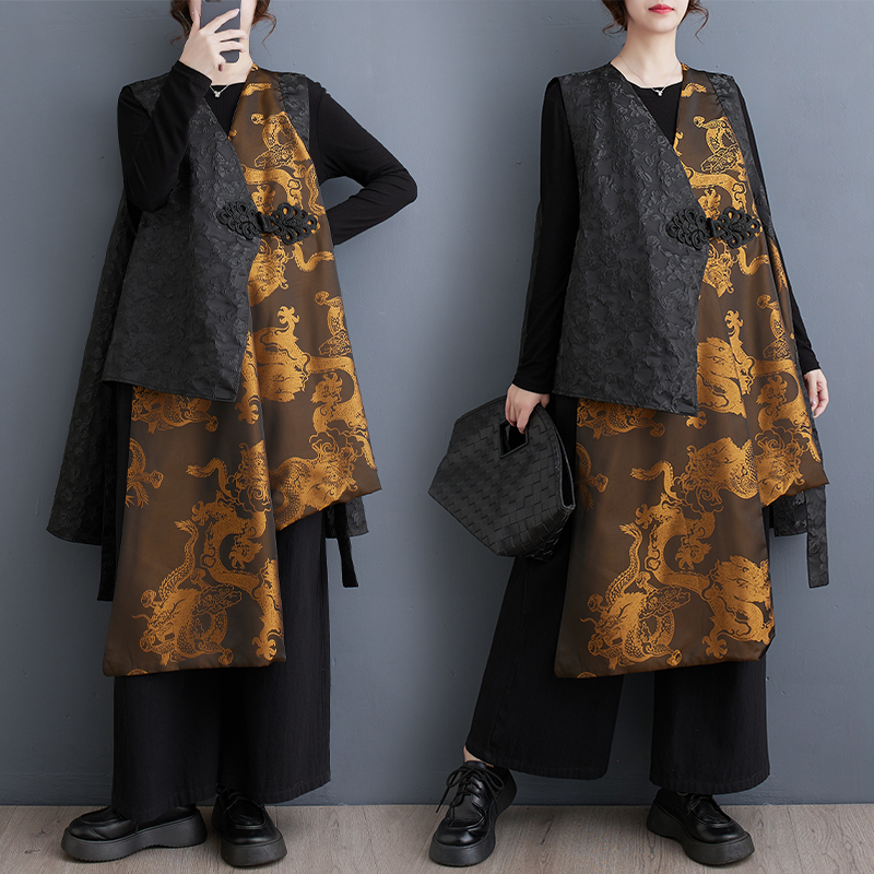 秋装新款时尚重工中国风无袖马甲时尚百搭不规则叠穿外套外贸出口