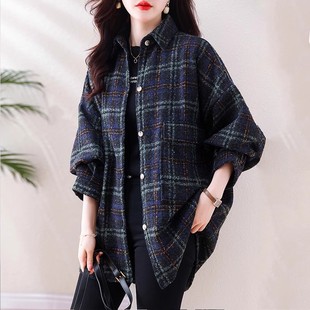 秋冬格子外套女中长款上衣韩版宽松百搭衬衫复古休闲毛呢大衣