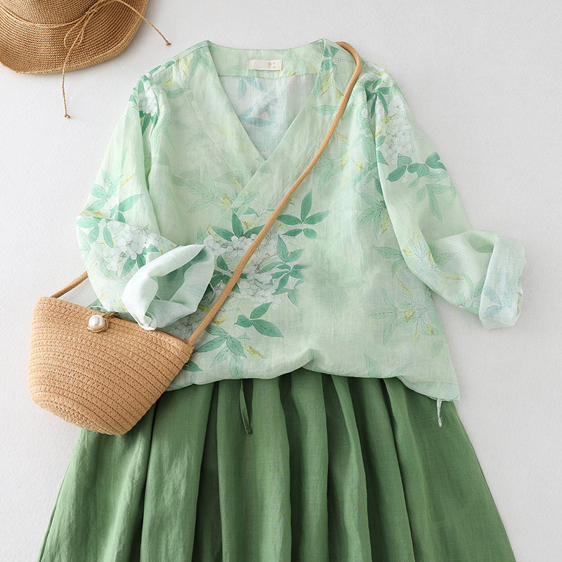 折扣新中式国风改良宋制汉服汉元素绿色衬衫上衣搭配半身裙套装