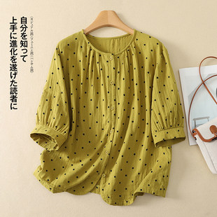 棉麻大码女圆领半袖波点衬棉纱透气亲肤上衣开衫小衫点点衬衫上衣