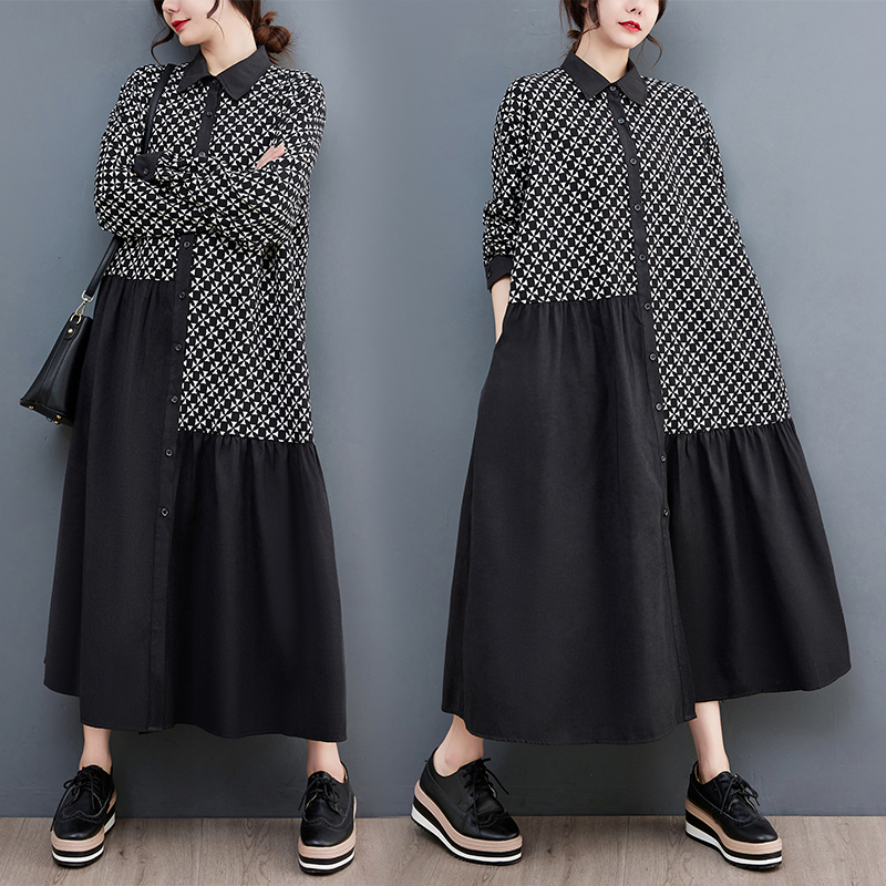 秋冬新款胖MM复古风拼接褶皱长款连衣裙宽松a字裙摆衬衫领过膝