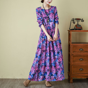 印花连衣裙紫色过膝长裙 宽松大码 春秋新款 复古减龄民族风棉麻长袖