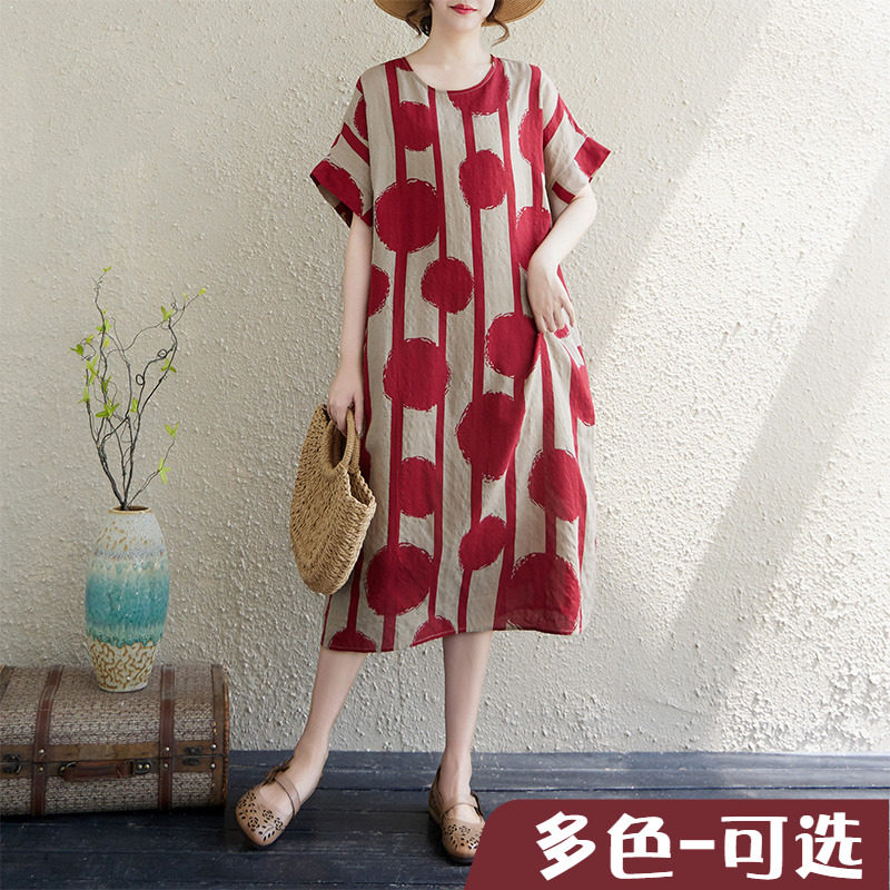 折扣夏薄棉麻花宽松短袖胖mm过膝连衣裙复古气质上衣可叠穿阔腿裤