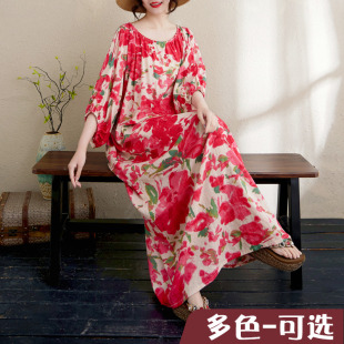 粉红大花棉麻印花长裙宽松遮肉显瘦度假风袍子大版 型度假风长裙子