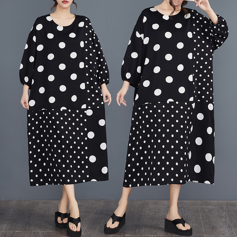 折扣捡漏黑白波点拼接大码连衣裙时尚休闲长袖气质圆领长裙子胖mm
