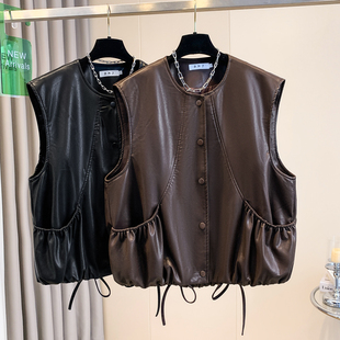显瘦圆领马甲PU皮质 纯色无袖 春秋冬新品 宽松休闲复古机车感