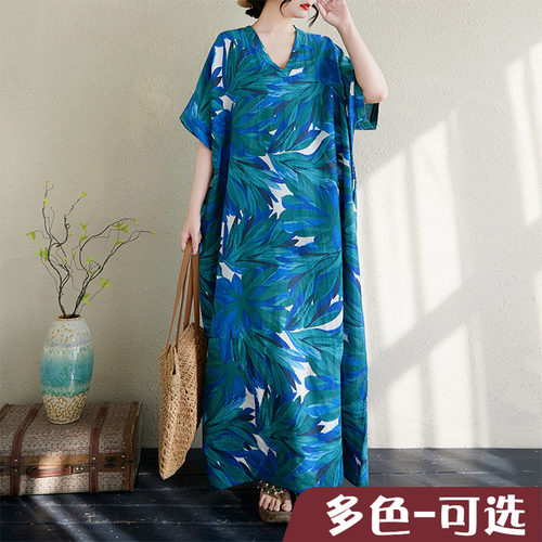 蓝色过膝V领薄棉麻大码宽松文艺度假风沙滩裙复古遮肉长款袍子