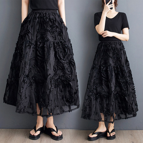 夏装新款重工小众百褶A字半身裙百搭时尚暗黑裙子松紧腰显瘦纯色