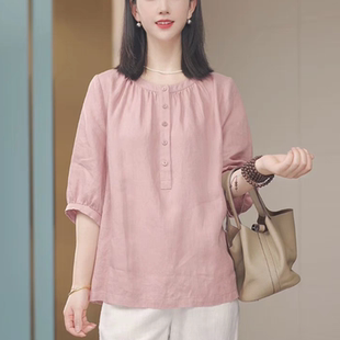胖MM中袖 女T恤夏季 洋气显瘦大码 棉麻衬衫 百搭休闲上衣 新款 时尚