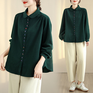 长袖 春秋百搭宽松纯棉条绒上衣开衫 子 女 复古深绿色灯芯绒衬衫