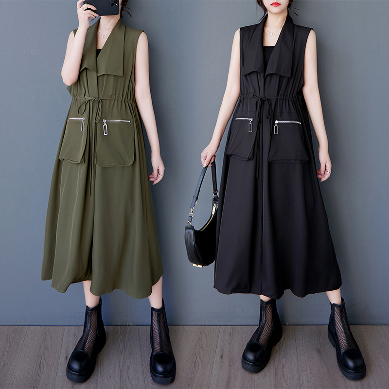 外贸出口夏季新款宽松文艺立体口袋拉链拼接无袖衬衫气质连衣裙