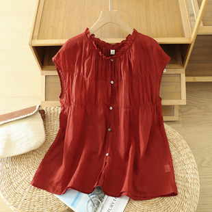 盛夏新款文艺宽松纯棉小衫连肩圆领松弛日系女上衣开衫圆领纯色