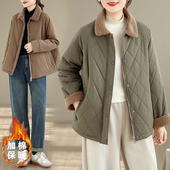 冬夹棉菱格外套翻领休闲百搭宽松显瘦冬款 仿羊羔毛拼接外套翻领