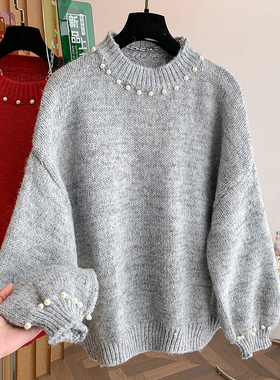 圆领钉珠长袖宽松灰色毛衣2025秋季新款韩系温柔慵懒高级感上衣女