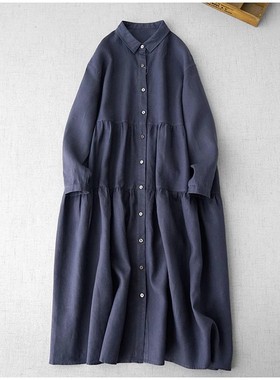 折扣春通勤文艺女装基本款小翻领亚麻长袖连衣裙全开扣中长衬衫裙