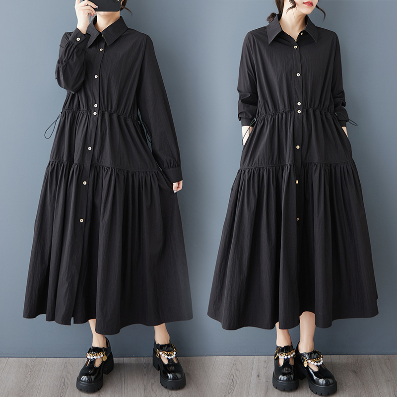 春装新款气质风小众百搭显瘦衬衫裙时尚长款收腰大摆连衣裙黑色