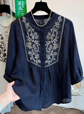 白色刺绣苎麻衬衫女短袖 宽松休闲超好看洋气小衫上衣夏季 妈妈装