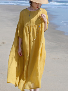 宽松紫色仙女裙纯色 温柔风长款 双层天丝苎麻连衣裙女春季 折扣新款