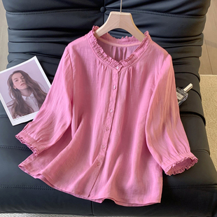 木耳领短袖衬衫女复古文艺纯色五分袖薄款上衣夏季短款开衫纯色