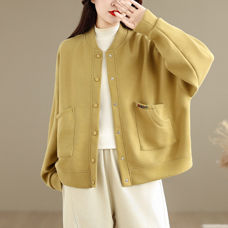春秋款时尚针织棉卫衣外套立领棒球服运动休闲女装 短款扣子上衣