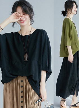 文艺风蝙蝠袖t恤不规则净色上衣