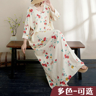 棉麻印花长袖 外贸出口新款 连衣裙V领宽松显瘦袍子海边度假风长裙