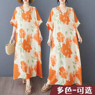 折扣捡漏外贸出口夏花色度假风旅游V领复古长裙棉麻连衣裙大花朵
