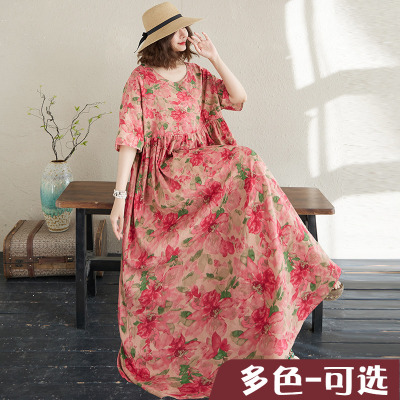 高腰过膝外贸圆领红色印花超仙大摆夏季薄棉麻简约波西米亚长裙