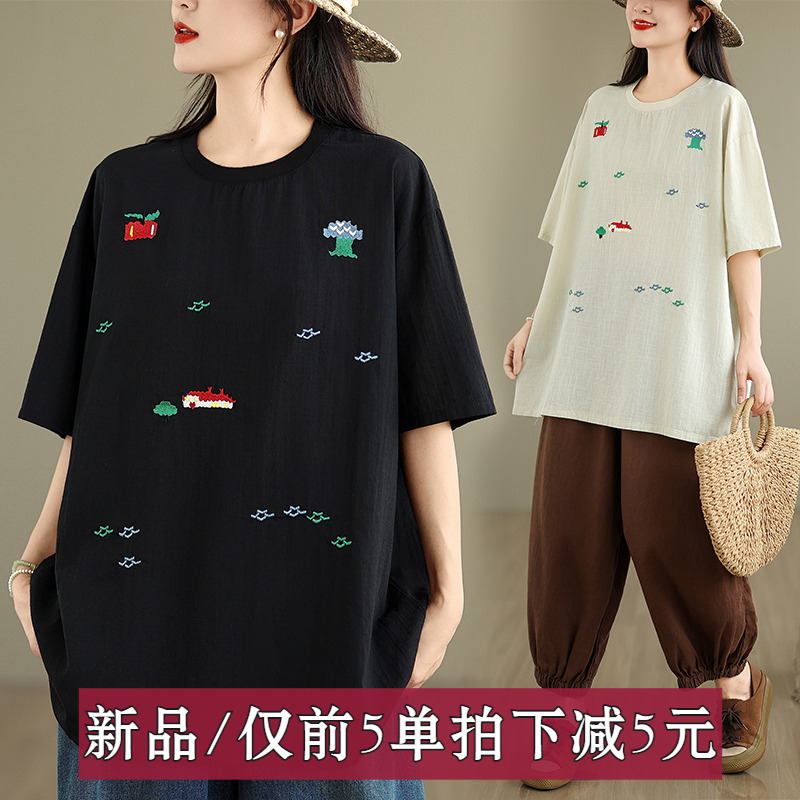夏季新款高级感重工刺绣t恤女短袖宽松胖mm显瘦上衣胖mmT恤衫薄款