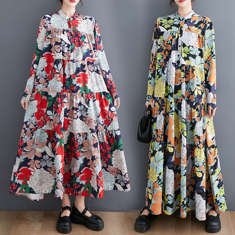 折扣春夏新款宽松大码印花拼接休闲简约甜美长袖连衣裙立领过膝