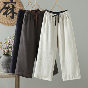 女 苎麻阔腿裤 纯色冬棉麻直筒休闲裤 子夹棉加厚保暖显瘦外穿棉裤