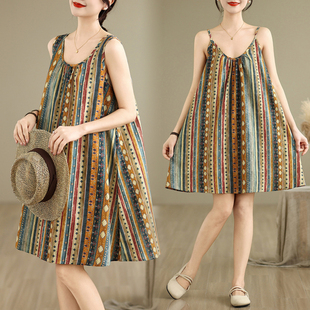 折扣薄款夏装新款棉麻森女系文艺宽松圆领居家服吊带背心打底裙女