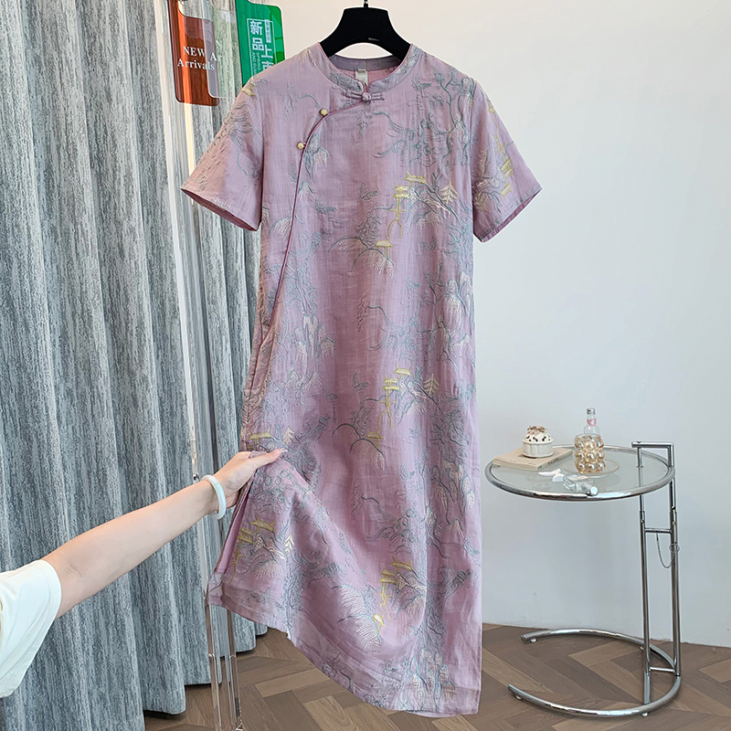 国风重工刺绣改良旗袍女气质立领短袖清雅质感新中式连衣裙国风