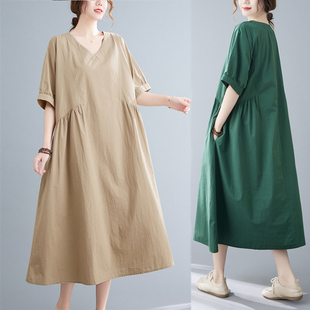 纯棉短袖夏装折扣女韩版宽松大码文艺纯色V领褶皱大摆连衣裙