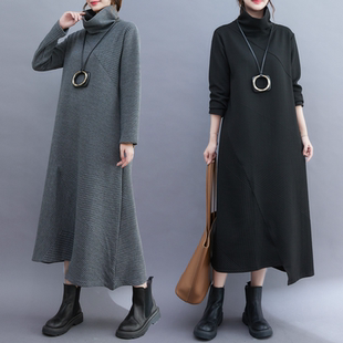韩版新款外贸不规则高领长袖连衣裙女大码高龄裙子微胖好质量