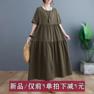 春夏季新款复古文艺棉麻宽松大码纯色短袖连衣裙袍子圆领短袖微胖