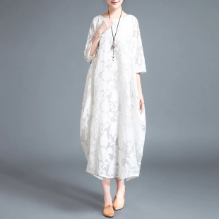 超仙杨丽萍同款 宽松长裙复古蕾丝民族风袍子过膝薄 连衣裙折扣新款