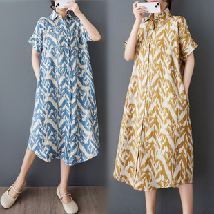 折扣捡漏夏印花短袖纯棉中长款衬衫连衣裙胖MM宽松显瘦欧洲站过膝