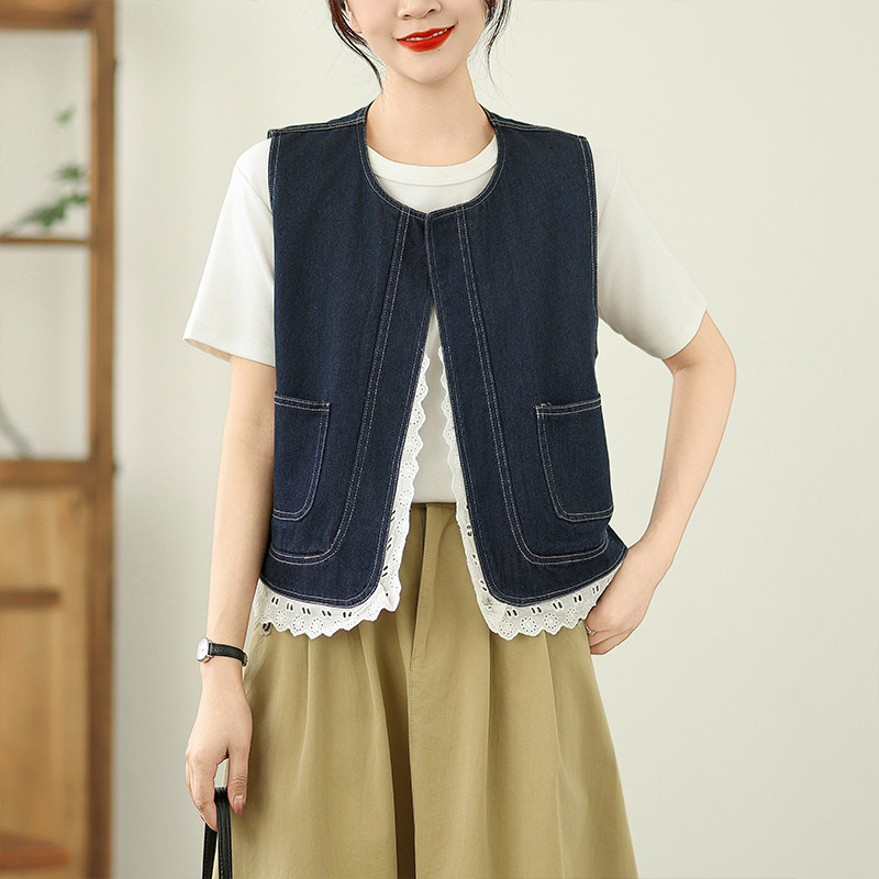 夏季薄款蕾丝花边牛仔马甲简约时尚百搭显瘦短款小坎肩外搭上衣