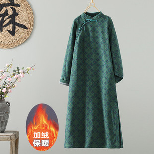 复古香云印花亚麻棉加绒新中式连衣裙女冬款显瘦加厚改良旗袍过膝