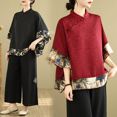 香云纱中式上衣国风盘扣小衫女洋气夏季新款妈妈时尚祥云衬衫名媛