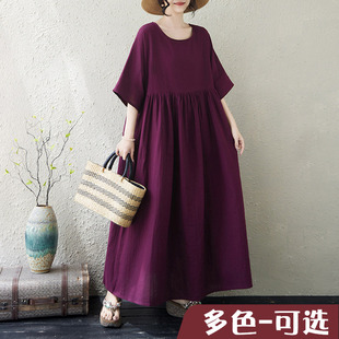 外贸纯色妈妈装2026夏新品大码圆领短袖双层棉布宽松麻棉连衣裙子