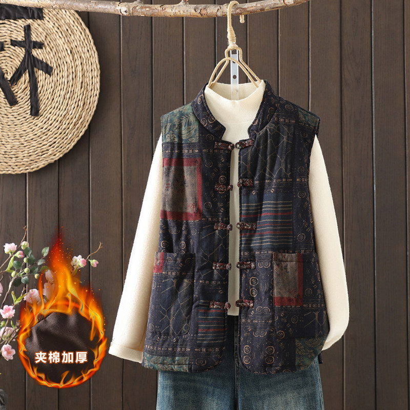 中式棉麻印花盘扣棉服马夹背心文艺复古加厚保暖马甲秋冬外搭