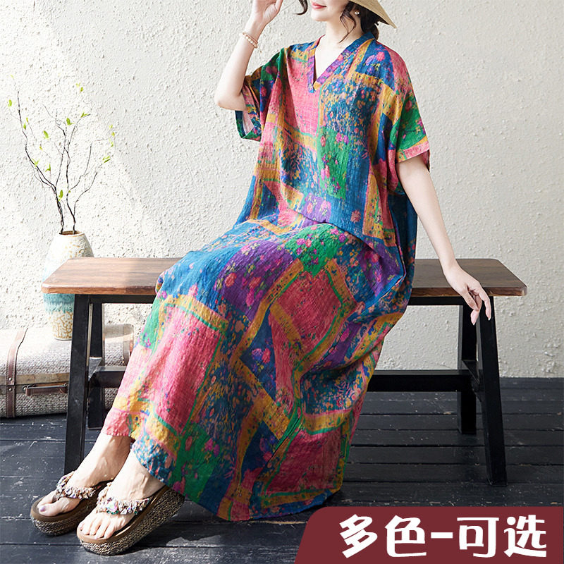 夏季新款薄棉麻花V领宽松度假风沙滩裙长款文艺女袍子加肥加大